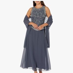 J Kara Women's Petite Embellished Top Mock 2 Piece Dress with Scarf, Blue, 8